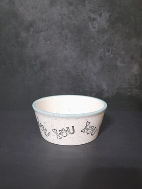Pacifica White Speckled Ceramic Pet Bowl with Light Blue Rim